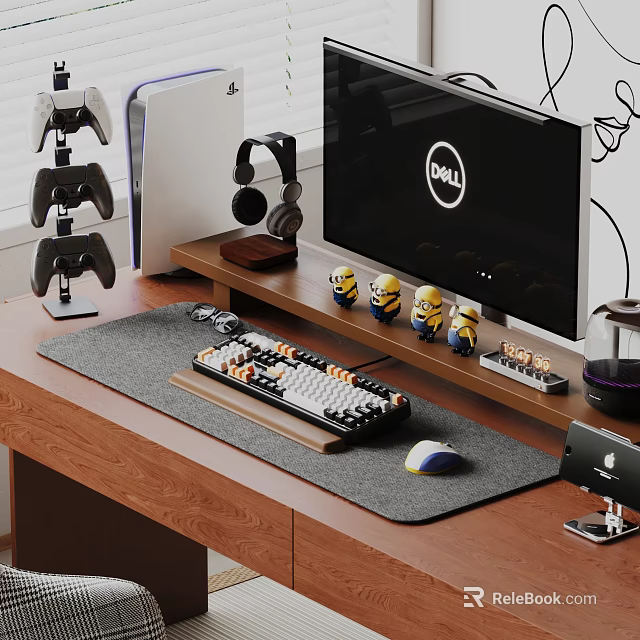 DELL Monitor Desktop Setup With Mechanical Keyboard Mouse Pad Headphones And Game Controllers 3d model 