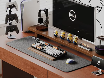 DELL Monitor Desktop Setup With Mechanical Keyboard Mouse Pad Headphones And Game Controllers 3d model