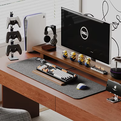 DELL Monitor Desktop Setup With Mechanical Keyboard Mouse Pad Headphones And Game Controllers 3d model