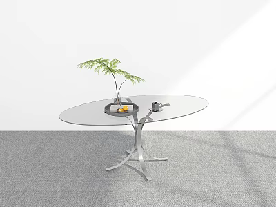 Oval Glass Dining Table with Silver Metal Base Black Tray Green Plant Yellow Decor Cup 3d model