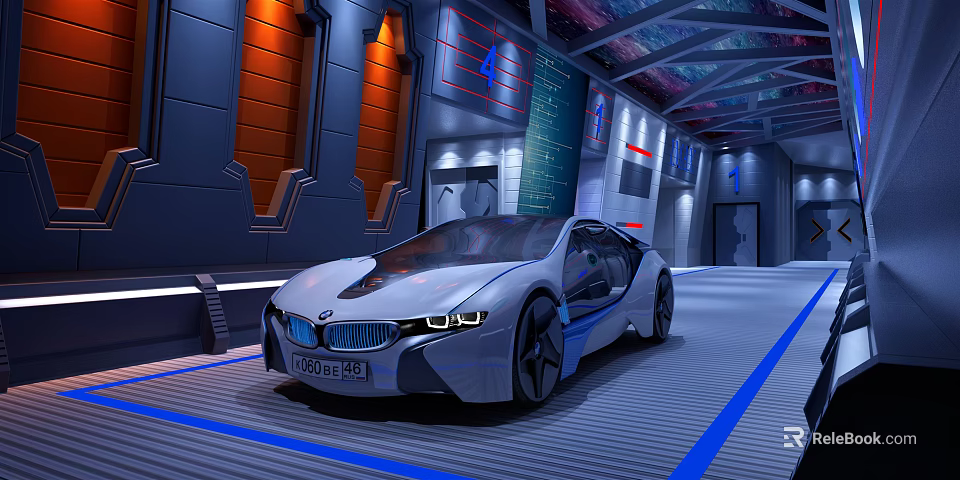 Future Concept Car In Sci Fi Indoor Setting With Blue Lines Modern Walls And Lighting 3d model 