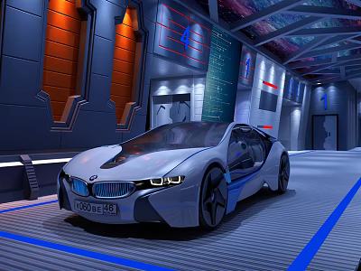 Future Concept Car In Sci Fi Indoor Setting With Blue Lines Modern Walls And Lighting 3d model