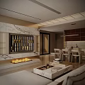 Modern Dining and Living Room Interior Design With Wooden Furniture Dining Table and Sofa