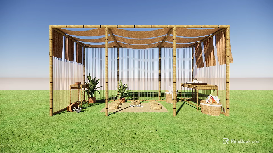 Outdoor Bamboo Pergola With Shade Canopy Green Grass And Potted Plants 3d model 