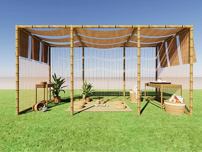 Outdoor Bamboo Pergola With Shade Canopy Green Grass And Potted Plants 3d model
