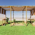 Outdoor Bamboo Pergola With Shade Canopy Green Grass And Potted Plants