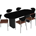 Modern Oval Dark Wooden Dining Table With Six Chairs Brown Seats Black Backrests Metal Legs