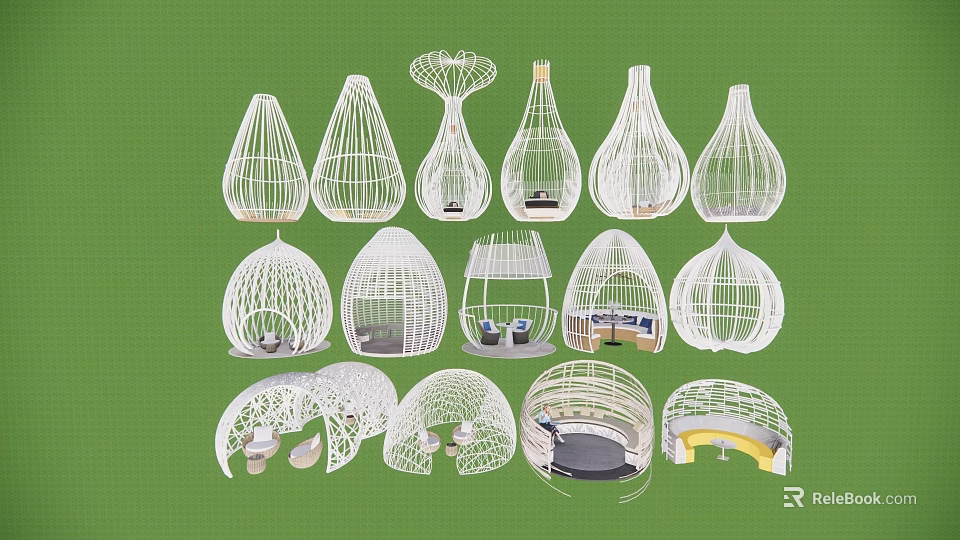 Diverse Modern Pergola Structures with Various Shapes and White Woven Frames 3d model