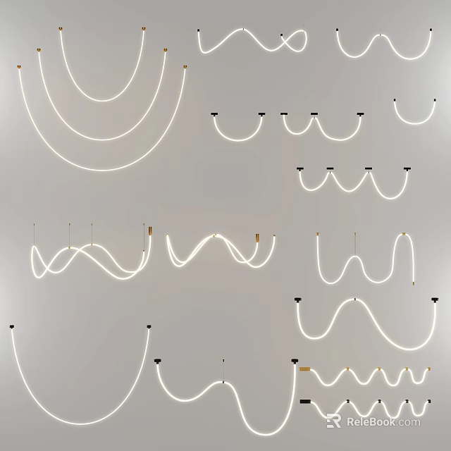 White Chandeliers with Various Circular and Wavy Designs Installed on Gray Ceiling Background 3d model 