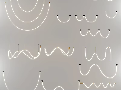 White Chandeliers with Various Circular and Wavy Designs Installed on Gray Ceiling Background 3d model