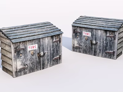 Rustic Wooden Small Hut Structures Featuring FIRK Sign Roof And Doors 3d model