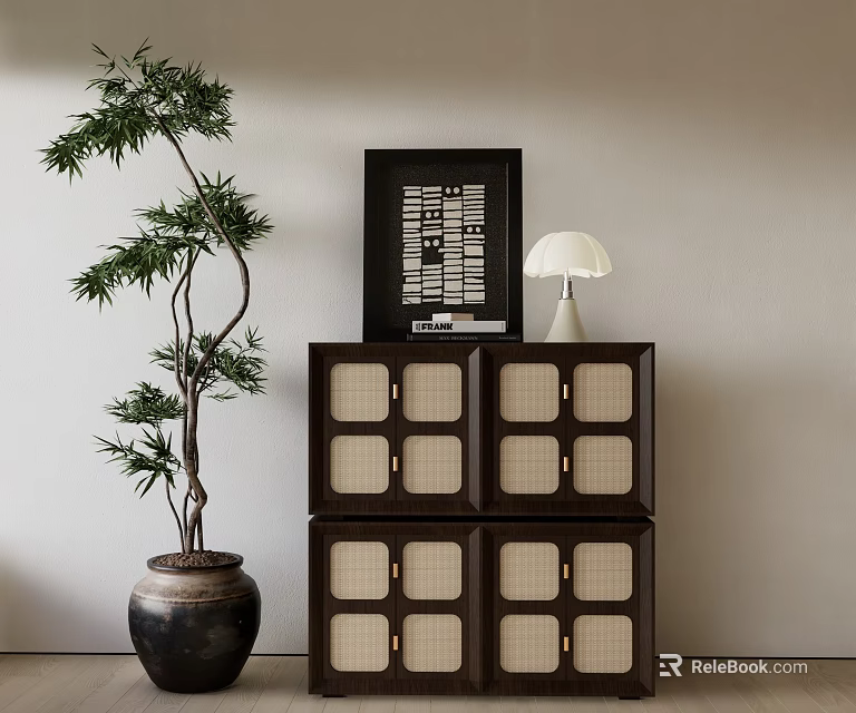 Entryway Side Cabinet Featuring Glass Door Compartments Black Frame White Lamp And Potted Bamboo 3d model 