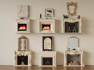 Various Classical White Fireplace Designs With Decorative Mirrors And Sculptures 3d model