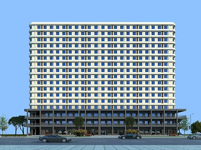 Modern High Rise Office Building With Large Windows Ground Floor Columns And Urban Surroundings 3d model