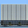 Modern High Rise Office Building With Large Windows Ground Floor Columns And Urban Surroundings