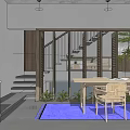 Modern Kitchen Interior With Wooden Cabinets Refrigerator Dining Table Chairs And Blue Rug