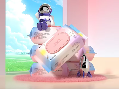 Soft Wet Wipes Stack Display With Cute Astronaut And Rocket 3d model