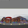 Modern Commercial Street With Colorful Facade Umbrella Shaped Purple Canopy Pedestrian Plaza Evening Atmosphere