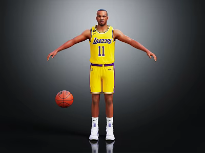 A Man Wearing Yellow Lakers Jersey Number 11 Standing With Arms Outstretched And Basketball 3d model