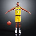 A Man Wearing Yellow Lakers Jersey Number 11 Standing With Arms Outstretched And Basketball