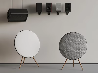 Wall Mounted And Round Floor Speakers With White Gray Design And Wooden Stands 3d model