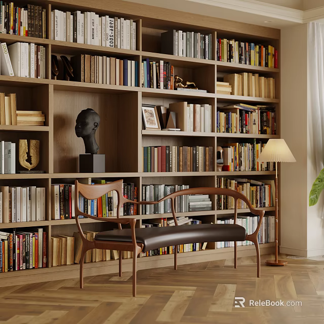 Wooden Accent Chair With Leather Cushion Near Bookcase Books Sculpture Head And Table Lamp 3d model 