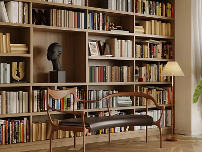 Wooden Accent Chair With Leather Cushion Near Bookcase Books Sculpture Head And Table Lamp 3d model