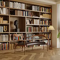 Wooden Accent Chair With Leather Cushion Near Bookcase Books Sculpture Head And Table Lamp