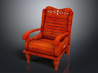 Warm Toned Wooden Chair With Carved Floral Details Armrests And Striped Backrest 3d model
