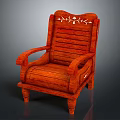 Warm Toned Wooden Chair With Carved Floral Details Armrests And Striped Backrest