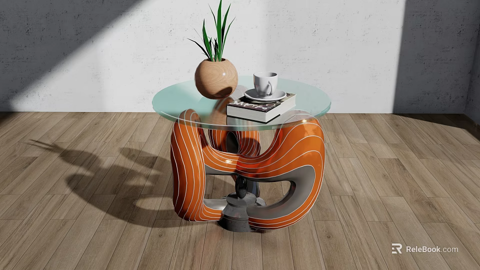 Glass Top Coffee Table With Orange Grey Curved Base Potted Plant White Cup And Books 3d model 