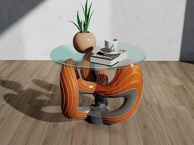 Glass Top Coffee Table With Orange Grey Curved Base Potted Plant White Cup And Books 3d model