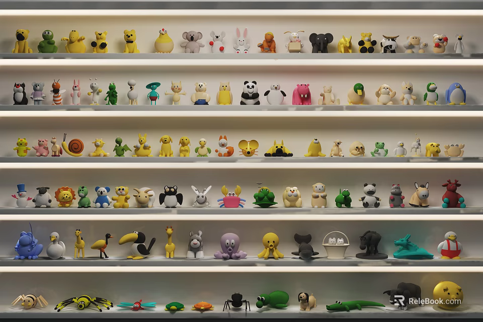 Assorted Stuffed Animal Dolls Neatly Arranged On Multiple Shelves With Colorful Designs 3d model 