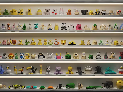 Assorted Stuffed Animal Dolls Neatly Arranged On Multiple Shelves With Colorful Designs 3d model