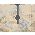 Traditional Chinese Sofa Backdrop With Mountain Landscape Scroll Design And Display Shelves 3d model
