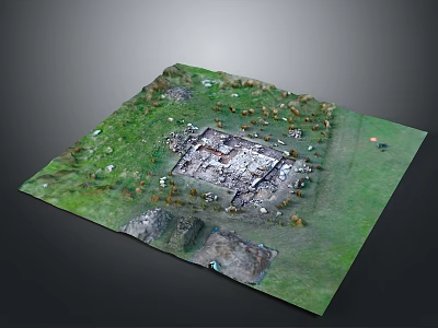 Ancient Ruin Structure On Green Grass With Square Foundation And Scattered Stones 3d model
