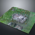Ancient Ruin Structure On Green Grass With Square Foundation And Scattered Stones