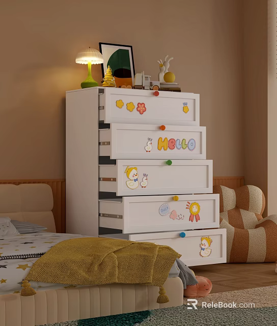 White Bedroom Chest of Drawers with Cartoon Stickers HELLO Lettering and Colorful Knobs 3d model 