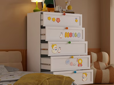 White Bedroom Chest of Drawers with Cartoon Stickers HELLO Lettering and Colorful Knobs 3d model