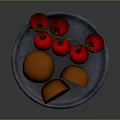 Fresh Red Tomatoes With Green Stems On Blue Plate And Sliced Vegetable Rolls