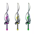 Colorful Fantasy Weapons With Curved Blades Spiral Designs And Gemstone Handles