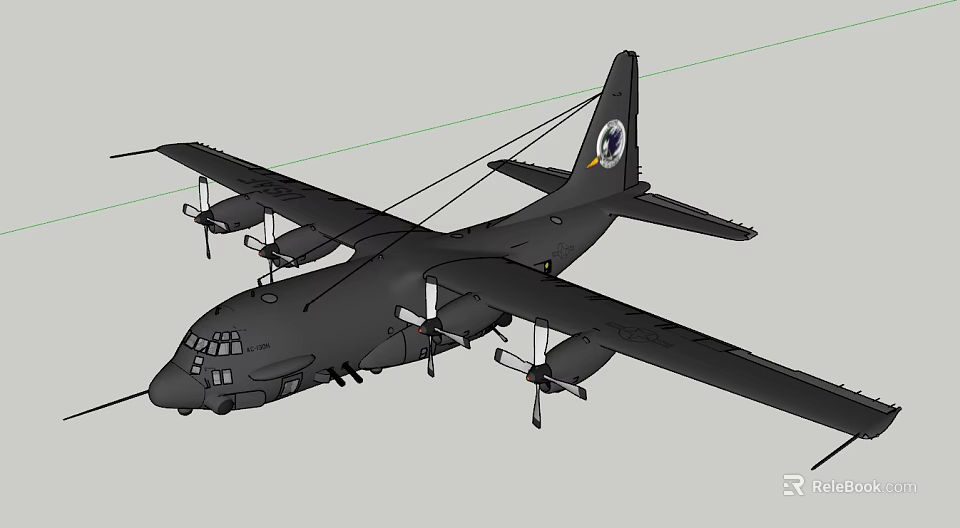Military Fighter Jet Featuring Black Body Four Propellers Wing Mounted Weapons And Tail Emblem 3d model 