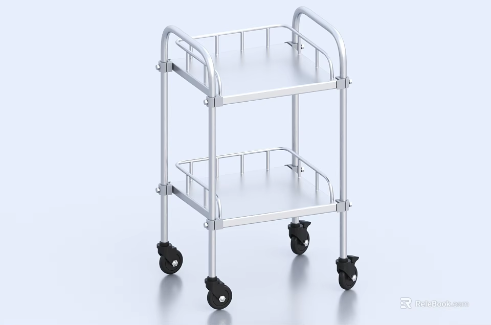 Silver Double Layer Metal Trolley with Black Wheels for Storage and Transport 3d model 