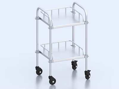 Silver Double Layer Metal Trolley with Black Wheels for Storage and Transport 3d model