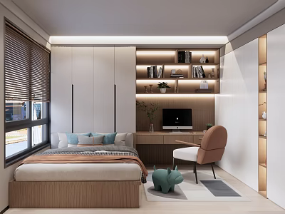 Modern Tatami Bedroom Interior Design With Storage Bookshelf Desk Chair And Window Blinds 3d model