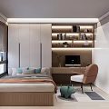 Modern Tatami Bedroom Interior Design With Storage Bookshelf Desk Chair And Window Blinds