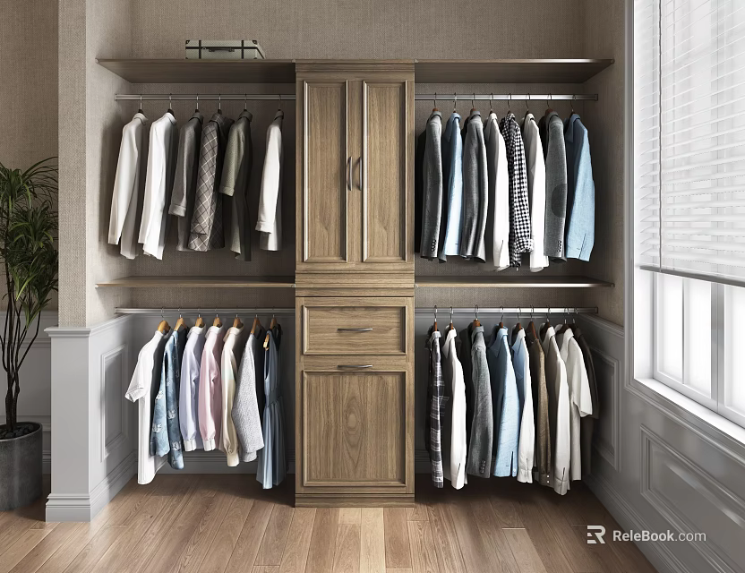 Modern Wooden Closet Interior With Multiple Hanging Rods Drawers And Shelves 3d model 