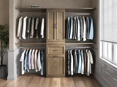 Modern Wooden Closet Interior With Multiple Hanging Rods Drawers And Shelves 3d model