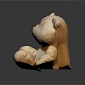 Light Beige Stuffed Bear Doll With Round Body Red Foot Imprint And Dark Background Reflection