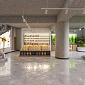 Modern Restaurant Interior With Food Shelves Fresh Produce Fruit Display Concrete Ceiling And Large Windows